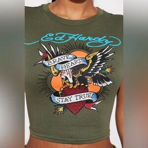 Ed Hardy "Brave Hearts Stay True" crop top olive green rhinestone embellishment
